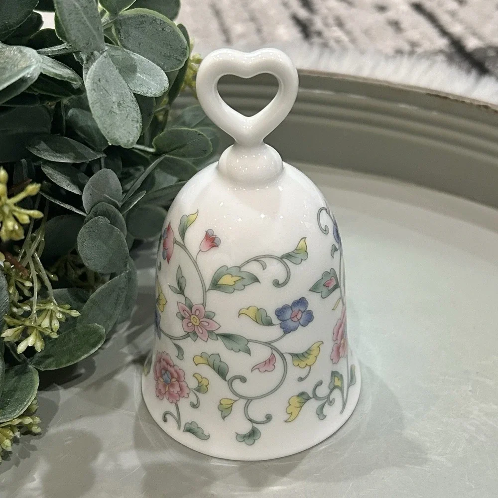 Vintage HTF Porcelain Bell With Floral Design And Heart Handle Beautiful Chime